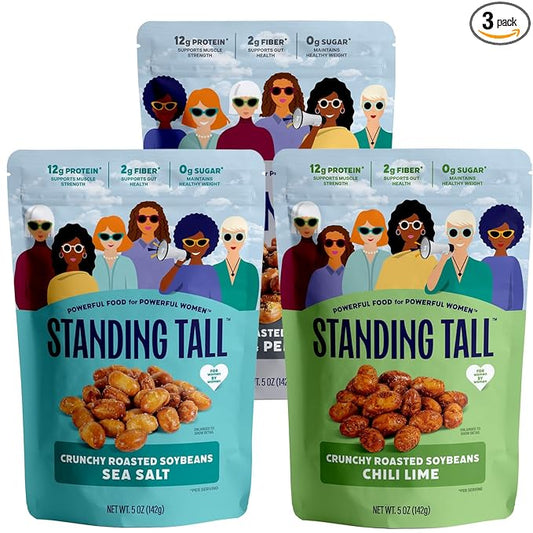Standing Tall Roasted Soybean Snack Variety Pack – Chili Lime, Sea Salt & Salt & Pepper – 12g protein, 2g fiber, 0g sugar, Plant-Based Vegan Snack, Gluten-Free, Non-GMO, 3 Count Variety Pack, 5oz Each