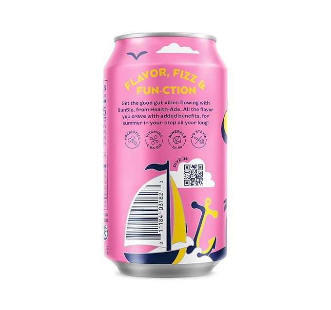 SunSip Prebiotic Soda With Benefits - Gut-Healthy Beverage with Vitamins and Minerals, 25 Calories, Soda Alternative, Naturally Sweetened with 5g of Sugar, 11.5 oz (12 Pack) Raspberry Lemonade