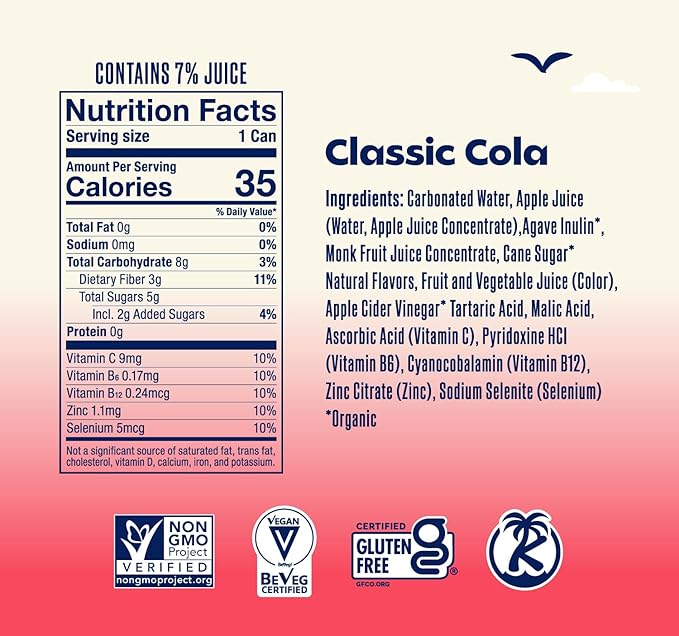 SunSip Prebiotic Soda by Health-Ade, Gut-Healthy Beverage, Soda Swap, Vitamins & Minerals, Naturally Sweetened with 6g of Sugar, Classic Cola, 11.5 oz (12 Pack)
