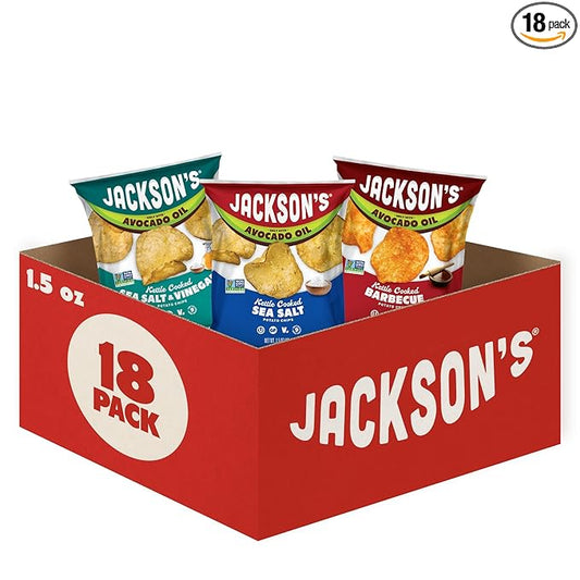 Jackson’s Classic Kettle Potato Chips (Variety Pack, 1.5 oz, Pack of 18) - Made with Premium Avocado Oil, Sea Salt, Salt & Vinegar and BBQ Flavors - Allergen-friendly, Gluten Free, Vegan