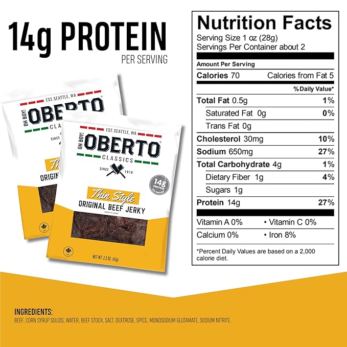 Oberto Classics Thin Style Beef Jerky, Original Flavor, No Artificial Ingredients, High Protein, Gluten Free, Wood Smoked, Premium Steak Beef Jerky High Protein Snacks, 2.2 Ounce (Pack of 8)