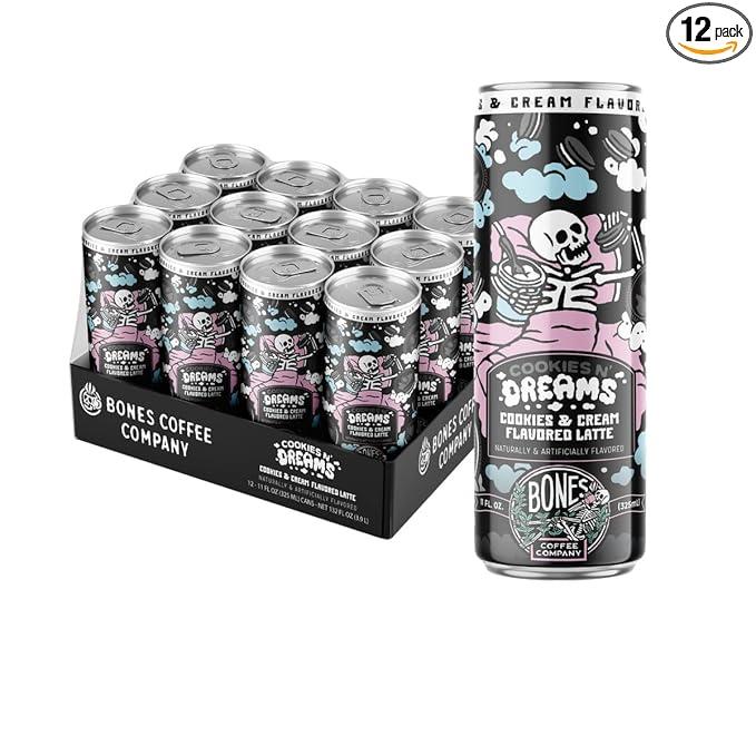 Bones Coffee Company Cookies N' Dreams Latte Flavored Coffee, Medium Roast Ready To Drink Iced Coffee in Can, 11 Fl Oz Can (12 Pack)