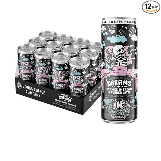 Bones Coffee Company Cookies N' Dreams Latte Flavored Coffee, Medium Roast Ready To Drink Iced Coffee in Can, 11 Fl Oz Can (12 Pack)