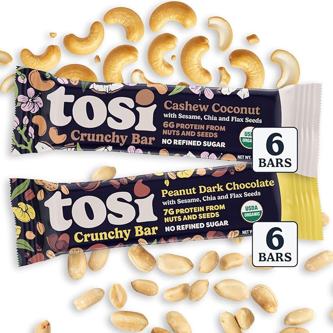 Tosi Cashew Coconut and Dark Chocolate Peanut Protein Bars Combo, Plant Based with Nuts, Gluten-Free Crunchy Snacks, Vegan, Organic, Flax & Chia Seeds, Soy-Free, Omega 3s, 6G/8G Protein, 1 oz, 12-Pack