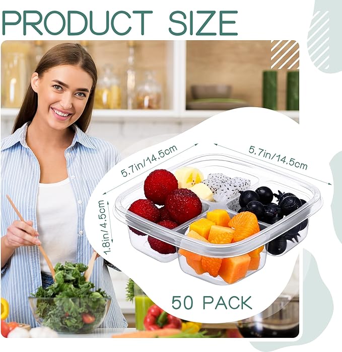 Dandat 50 Pcs Clear Plastic Bento Boxes 4 Compartment Reusable Snack Containers Leakproof Food Container Food Prep Bento Box with Lids Divided Food Storage Containers for Adults School Work Travel