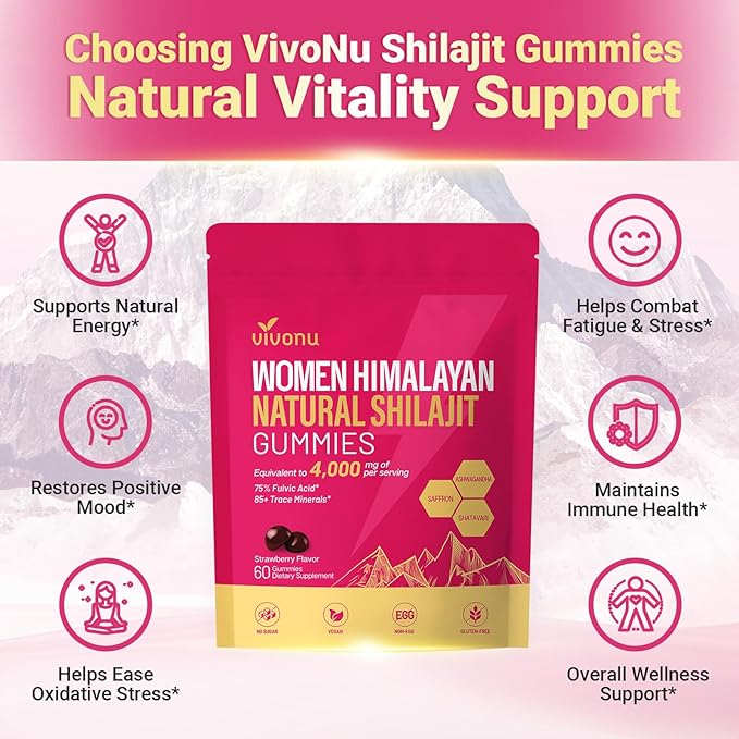 VivoNu Shilajit for Women, Contains Tongkat Ali, Ashwagandha*, Ginger, Saffron for hormonal* Balance & Energy | Tasty Shilajit Strawberry Flavor with Pure Himalayans Shilajitn* (1 Bag)