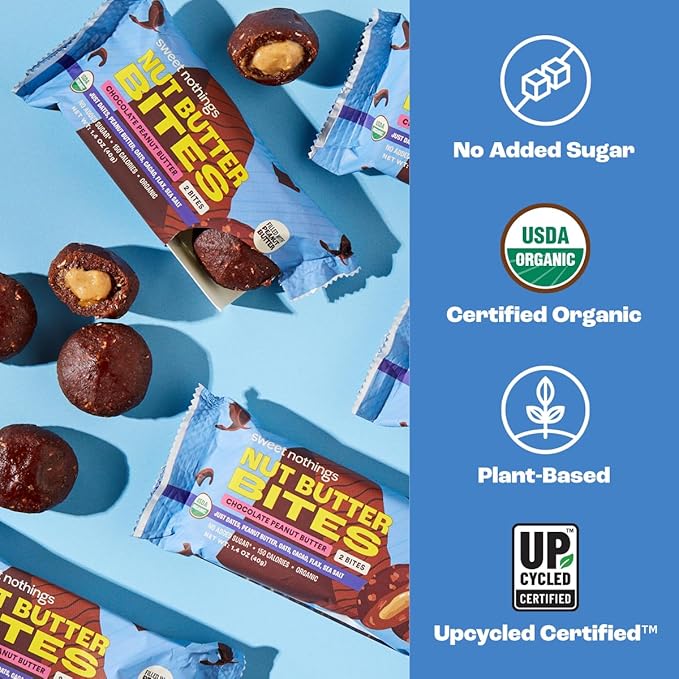 Sweet Nothings, Chocolate, USDA Organic Nut Butter Bites Protein Bar, Nut & Date Snack, Filled with Peanut Butter, 12-2 Bite Value Packs - No Added Sugar, Good Source of Fiber, Only 7 Ingredients