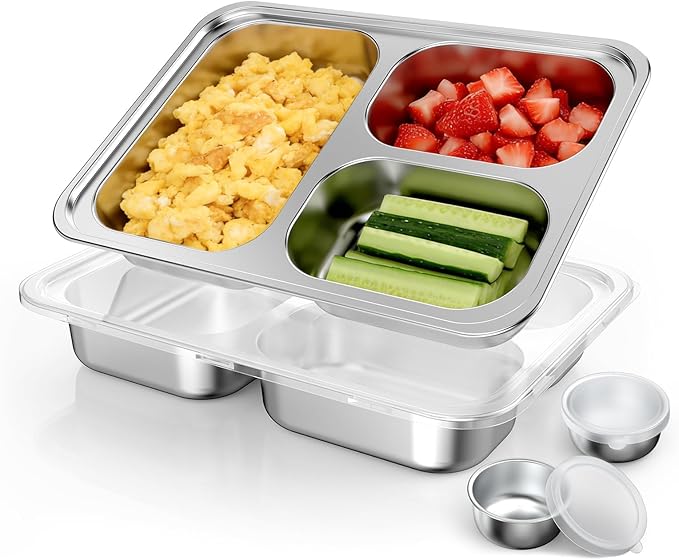 Stainless Steel Divided Plate for Kids Toddler, Non Toxic Portion Control Plate Dinner Plate with Lid for Adults Weight Loss, 2 Pack 3 Sections Rectangular Snack Plate Tray