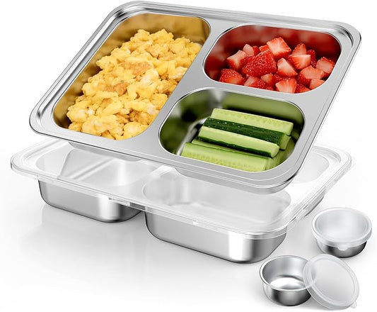 Stainless Steel Divided Plate for Kids Toddler, Non Toxic Portion Control Plate Dinner Plate with Lid for Adults Weight Loss, 2 Pack 3 Sections Rectangular Snack Plate Tray