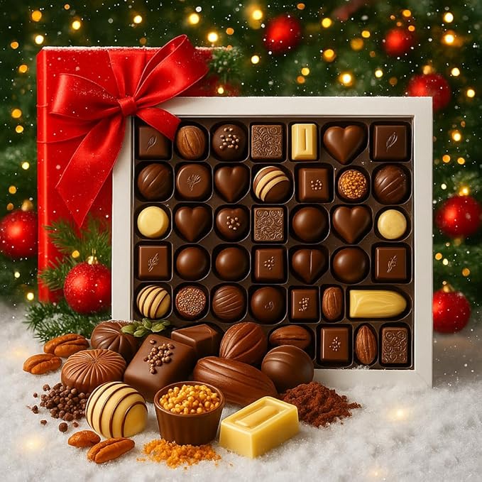 Belgian Luxury Chocolate Gift Box 46 Handcrafted Pieces | Gourmet Assortment of Milk, Dark & White Pralines with Hazelnut, Caramel & Ganache Filling | Made With Sustainable Cocoa