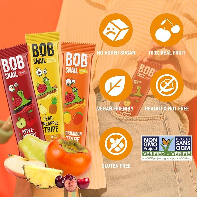 BOB SNAIL Healthy Fruit Snacks for Kids and Adults – 30 Fruit Leather Snacks with Persimmon, Pear-Pineapple,Cherry – Vegan Low-Carb Variety Pack Strips for Kids – Sugar Free Jerky Bars