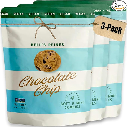 Bell's Reines Vegan Chocolate Chip Cookies, Soft Gourmet Small Batch, Healthy Snacks, Bakery Fresh 4 Cookie Snack Packs, 3-Pack