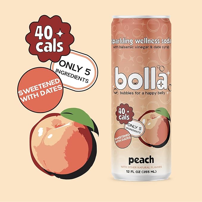 Peach Sparkling Wellness Soda - Naturally sweetened with dates - Crafted with balsamic vinegar - 5 simple ingredients - Low calorie - Antioxidant-rich - No added sugar 12 pack
