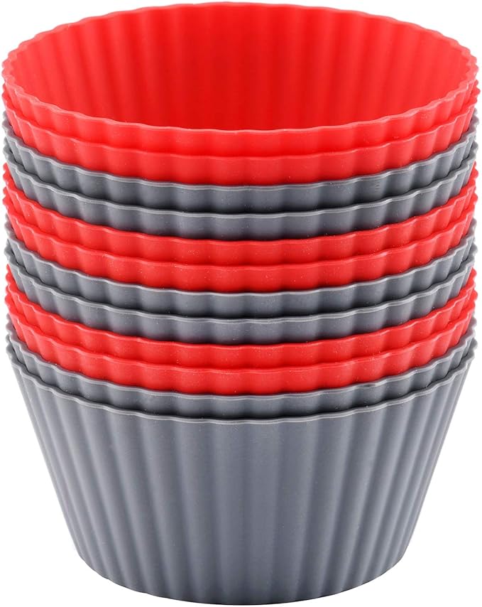 Mirenlife 12 Pack Reusable Nonstick Jumbo Silicone Baking Cups, Cupcake and Muffin Liners, 3.8 Inch Large Size, Red and Gray Colors, Round
