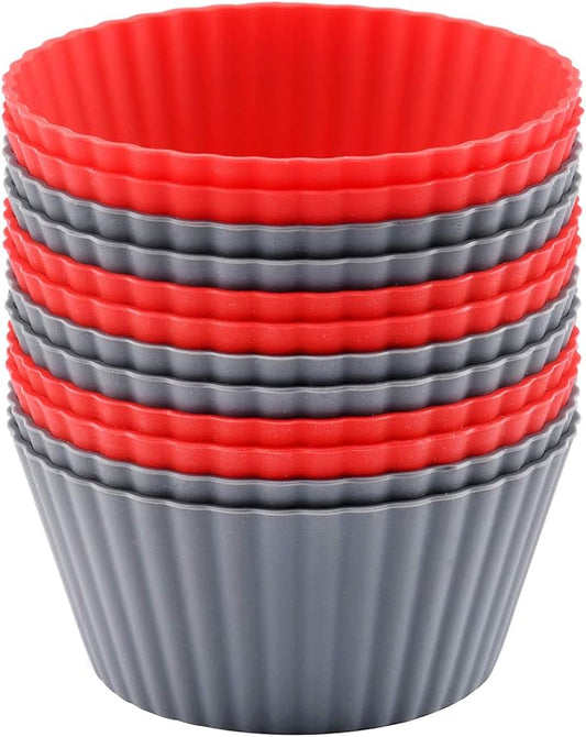 Mirenlife 12 Pack Reusable Nonstick Jumbo Silicone Baking Cups, Cupcake and Muffin Liners, 3.8 Inch Large Size, Red and Gray Colors, Round