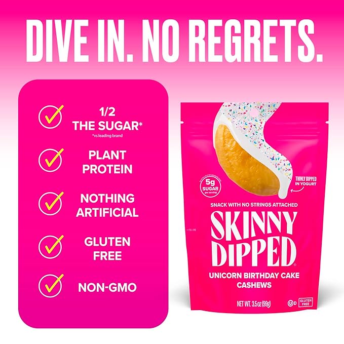 SkinnyDipped Birthday Cake Cashews, Healthy Snack, Plant Protein, Gluten Free, 3.5 oz Resealable Bags, Pack of 5