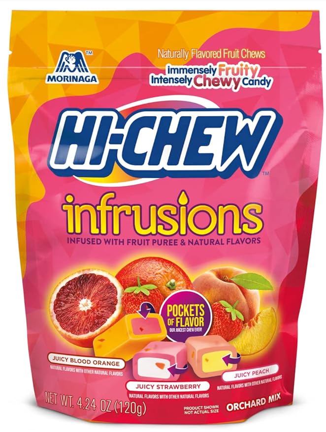 HI-CHEW Infrusions Blood Orange, Stawberry, Peach, 7 Mini Stand Up Pouches, 4.24oz each - Fun Soft & Chewy Candy - Immensely Juicy Fruity Flavors - Individually Wrapped Sharing Candy