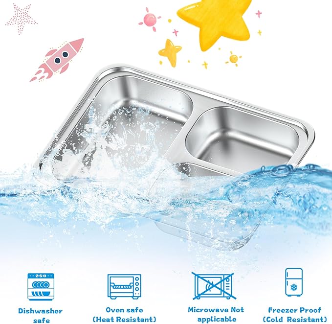 Stainless Steel Divided Plate for Kids Toddler, Non Toxic Portion Control Plate Dinner Plate with Lid for Adults Weight Loss, 2 Pack 3 Sections Rectangular Snack Plate Tray