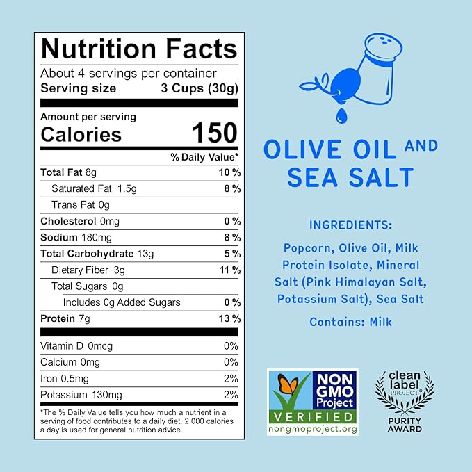 Khloud Protein Popcorn - Olive Oil & Sea Salt - 7g Protein Snacks for Adults & Kids - Flavored Popcorn Made with Real Ingredients & Milk Protein Isolate - Non-GMO, Gluten-Free, Kosher - 4oz, 12pk