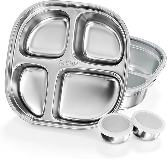 Stainless Steel Divided Plate for Kids Toddler, Non Toxic Portion Control Plate Dinner Plate with Lid for Adults Weight Loss, 2 Pack 4 Sections Square Snack Plate Tray
