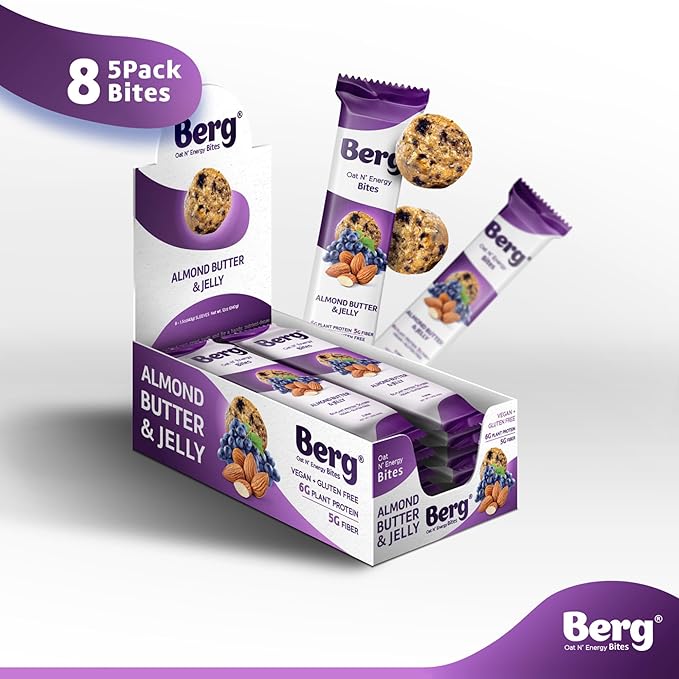 Berg Bites Plant-Based Almond Butter & Jelly Bites, Vegan, Gluten-Free, 6g Protein, 5g Fiber, Energy Snack Box - Clean Energy Healthy Snack Bar - 1.5oz (8 Pack)