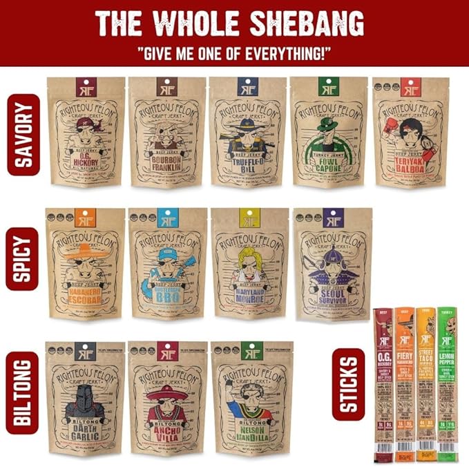 Righteous Felon Beef Jerky & Meat Sticks Variety Pack | Valentines Day Gifts for Men | High Protein, Keto, Low Sugar | Made with Premium Meats | Gluten Free Snack Packs | Whole Shebang 16 Pack