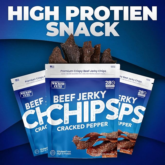 Wicked Cutz Cracked Pepper Beef Jerky Chips, 28g Protein per Bag, Crispy & Crunchy Beef Jerky Crisps, USA Made Pepper Flavored Chips, High Protein Carnivore Snacks (2 Bags)