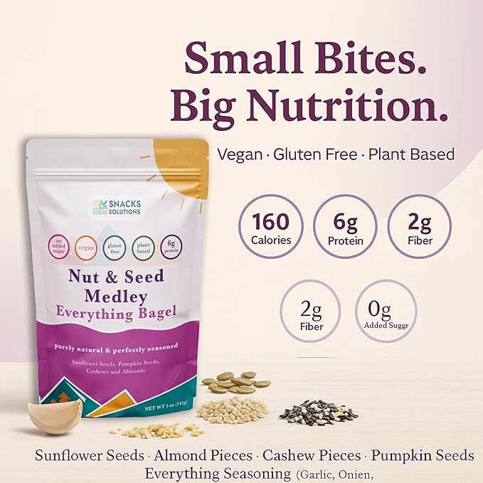 Snacks Solutions Nut and Seed Medley (5 oz -Pack of 6, Everything Bagel) Gluten Free, Natural and Perfectly Seasoned, Sunflower Seeds, Pumpkin seeds, Cashews and Almonds