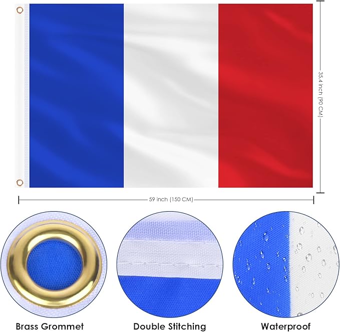 AhfuLife French Flag 3 x 5 Ft France Flag, Large France National Flags for Outside - Double Side with Brass Eyelets for Olympic Party Decorations, Bar Garden Street Decoration Indoor Outdoor
