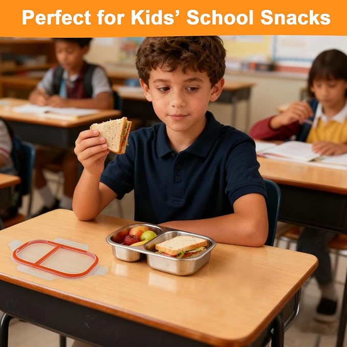 2 Pack Stainless Steel Snack Containers with Lids, 2-Compartment 27oz Leakproof Snack Box for Kids & Adults, Reusable Food Storage Container for School, Office, Travel, Portion Control