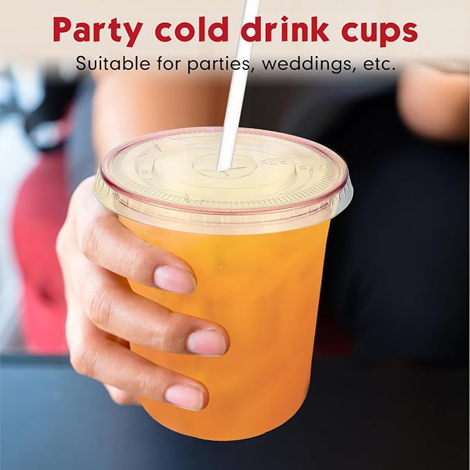 Ziliny 50 Sets Clear Plastic Cups with Lids and Straws, Disposable Iced Coffee Cups Drinking PET for Cold Drinks, Juice, Smoothie, Coffee Shops, Party, Christmas (Pink,14 oz)