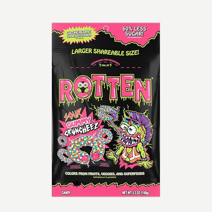 Rotten Sour Gummy Cruncheez - Low Sugar, Low Calorie, 5g Gut-Friendly Prebiotic Fiber, Gluten Free Candy, No Artificial Dyes - 5.3 oz Share Pack