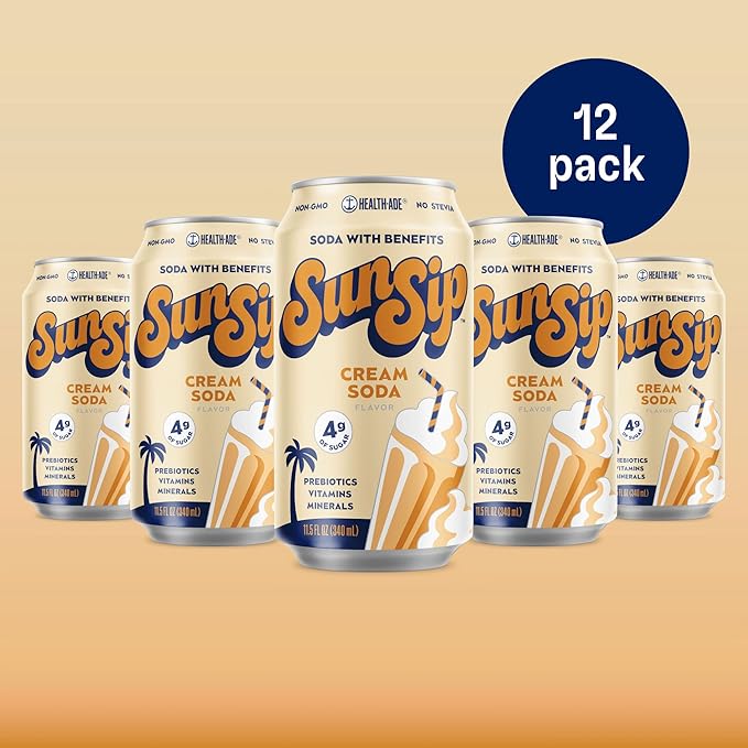 SunSip Prebiotic Soda by Health-Ade, Gut-Healthy Beverage, Soda Swap, Vitamins & Minerals, Naturally Sweetened with 4g of Sugar, Cream Soda, 11.5 oz (12 Pack)