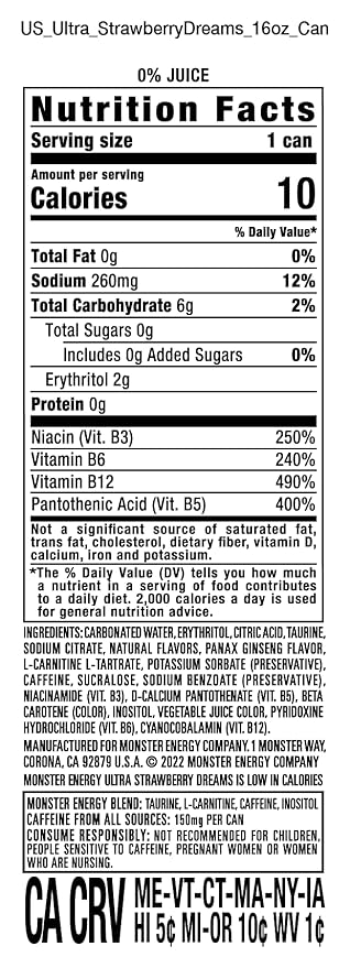 Monster Energy Ultra Strawberry Dreams, Sugar Free Energy Drink, 16 Ounce | Pack of 15