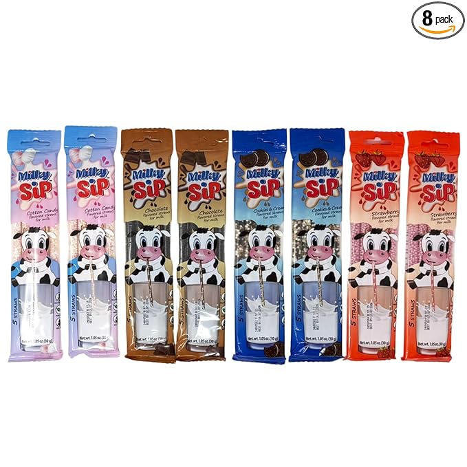 40 Pcs Milky Sip Flavored Straws For Milk - 4 Assorted Flavors: Chocolate, Strawberry, Cookies & Cream, Cotton Candy 10 Each Flavor - 8 Packs of 5 Ea. Milk Flavoring Straws for Kids, Teenagers, Adults