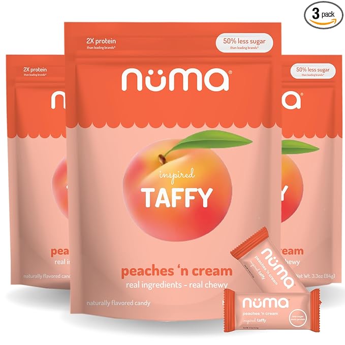 Numa Taffy Candy, Peaches ‘n Cream Made with Real & Simple Ingredients – Low Sugar, High Protein, Low Calorie, All Natural & Gluten Free Peach Taffy – 3 bags with 10 Individually Wrapped Chews Each
