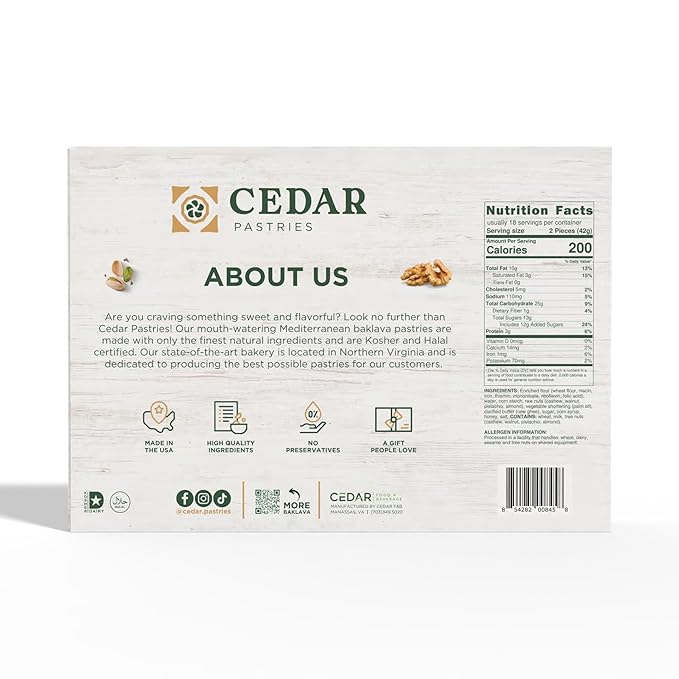 Cedar Pastries Assorted Mediterranean Baklava 33-Piece Large Box – Pistachio, Cashew & Walnut Bitesize Treats | Kosher & Halal Certified