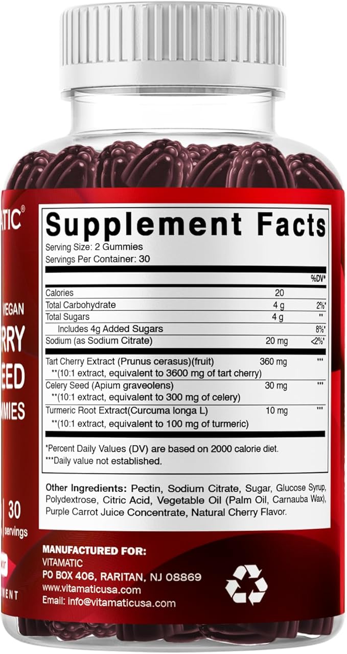 Vitamatic Tart Cherry with Celery Seed Gummies – 4000mg Equivalent Per Serving (from 10:1 Extract, 400mg) - 2-Pack
