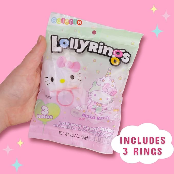 Hello Kitty Lollipop Rings, Strawberry and Fruit Punch Flavored Suckers, Themed Party Favors, 3 Count Bag, 1.27 Ounces (1 Pack)