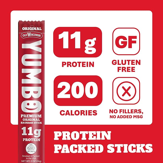 Old Wisconsin Yumbo Summer Sausage Snack Sticks, Ready to Eat, High Protein, Low Carb, Keto, Gluten Free, 20 Individually Wrapped 2oz Sticks, Original Flavor