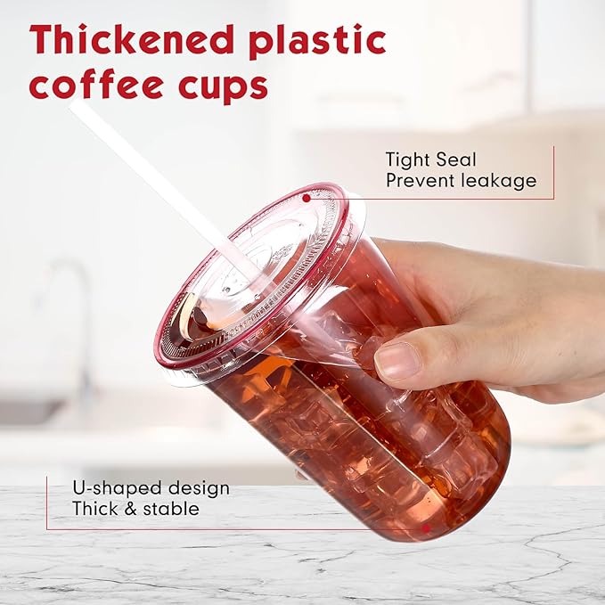Ziliny 50 Sets Clear Plastic Cups with Lids and Straws, Disposable Iced Coffee Cups Drinking PET for Cold Drinks, Juice, Smoothie, Coffee Shops, Party, Christmas(Pink,16 oz)