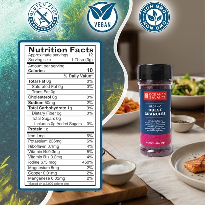 Ocean's Balance Dulse Granules – Iron & Minerals,Soup Topping Seaweed,Seaweed for Ramen,Salad & Snacks– Atlantic Dulse Flakes – Vegan, Gluten-Free, Paleo & Keto Friendly (1.25oz)