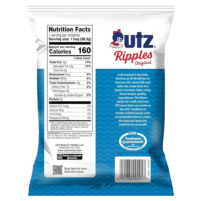 Utz Ripples Original Crispy Chips Made from Fresh Potatoes, 42 Count, Crunchy Individual Snacks to Go, Gluten Free Snacks, brand is Utz, variation theme is Flavor that is Ripples Original, Size that is 42 Count (Pack of 1).
