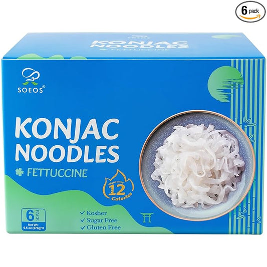 Soeos Konjac Noodles, Fettuccine, 9.5oz (270g) 6 Packs, Kosher, Sugar Free, Gluten Free, Low Calorie, Low Carb Pasta, Shirataki Noodle