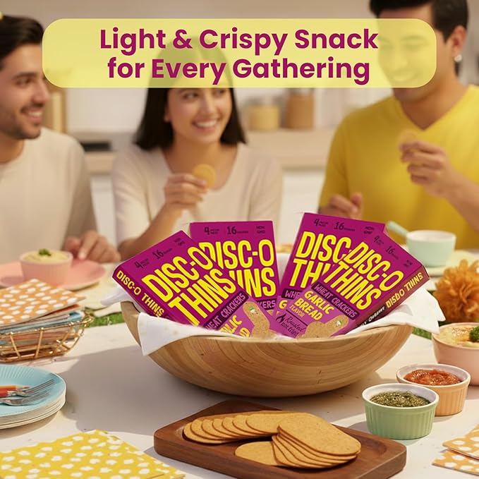 Disc-O Thins Whole Wheat Crackers - Crunchy Roasted Snack, High-Fiber & Low-Fat On-the-go Snack Chips, 96pcs (Garlic Bread) - Friendly, Healthy Travel Snack, Non-GMO - Great w/ Cheesy Dips, Salsa, or Beer