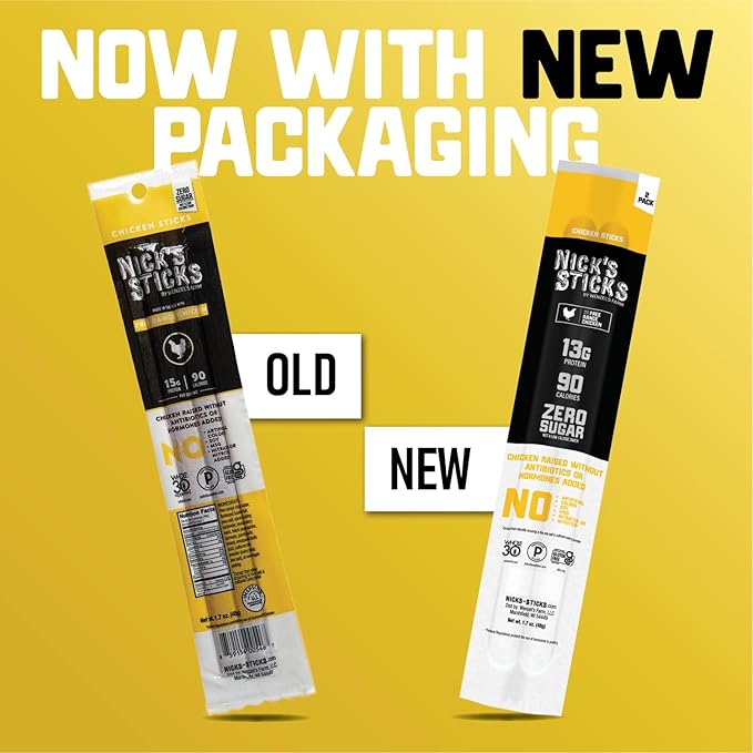 Nick's Sticks Free Range Clean & Balanced Chicken Snack Sticks | Made in the USA | Gluten Free | Paleo, Keto, Whole30 Approved | No Soy, Antibiotics or Hormones (12-1.7oz. Packages of 2 Sticks)