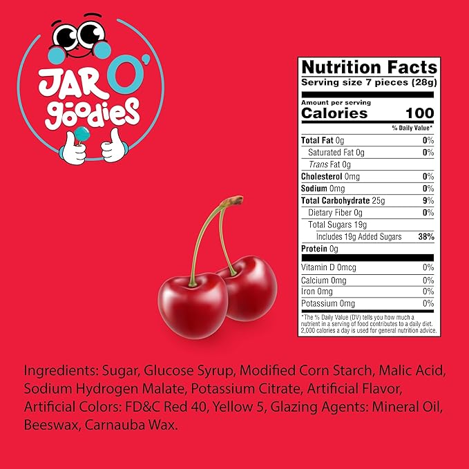 Jar O' Goodies - Valentines Day Sweet Treats, Cherry Sours Red Candy Balls Gift Set, Original Chewy Candies (8 Ounce, 1 Pack) Party Favor - Gluten & Nut Free, Kosher Parve