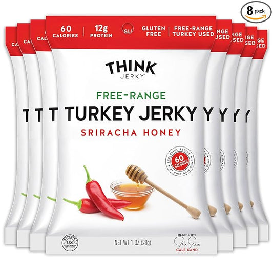 Think Jerky Sriracha Honey Turkey Jerky, Chef Crafted Free Range Turkey, Gluten Free, No Antibiotics or Nitrates, Healthy Chef Crafted Recipe, Low Calorie and Low Fat - 1.0 oz Bags, 8 Pack