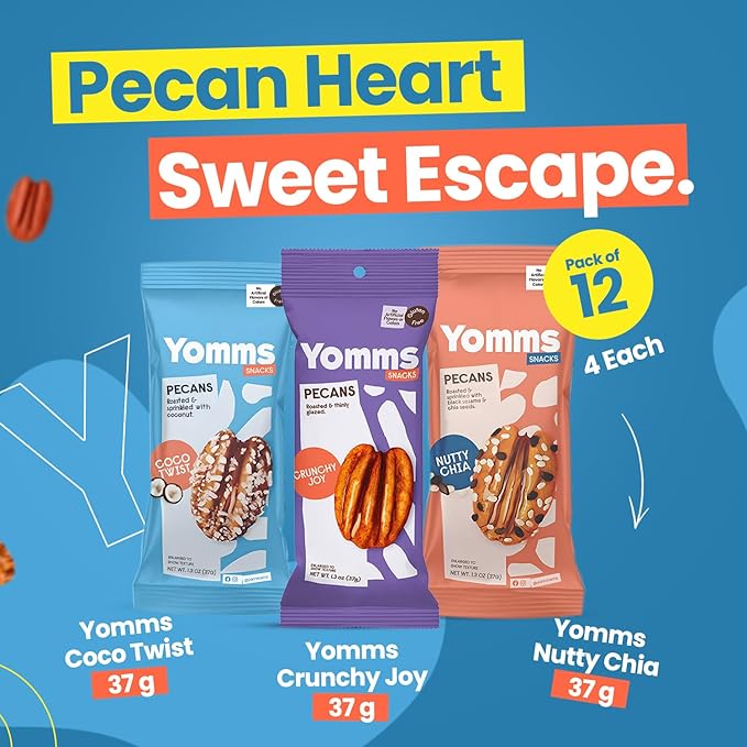 Yomms Gourmet Glazed Whole Pecan Halves Variety Pack, 15.6 oz (12 Pack), Gluten-Free & Non-GMO Healthy Dessert Snacks – Low Sugar Candied Nut Pouches – Coco Twist, Nutty Chia, Crunchy Joy – 1.3oz Individual Bags