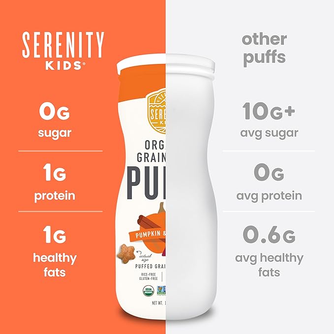 Serenity Kids 6+ Months Baby Puffs - 1 count 1.5 oz, Pumpkin & Cinnamon - USDA Organic Grain Free Toddler Food - Nut, Rice & Gluten Free Snack with Veggies, Legumes & Olive Oil